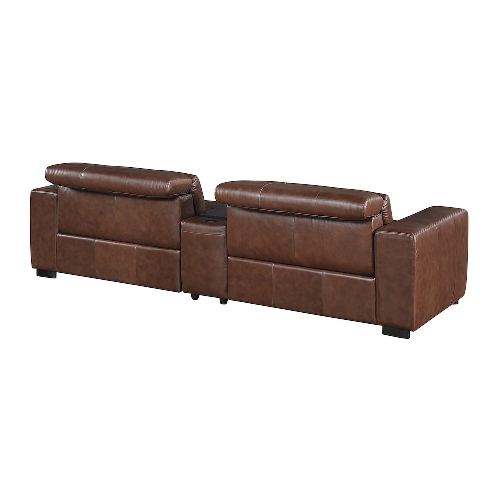 Sutton Leather Pwr Dbl Reclining Love Seat with Center Console in Brown