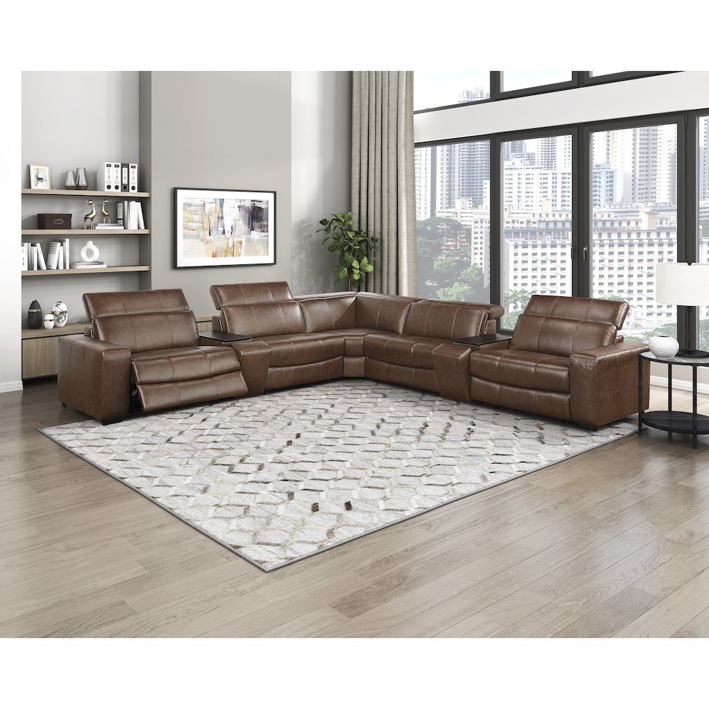 Sutton Leather 7-Piece Modular Power Reclining Sectional in Brown
