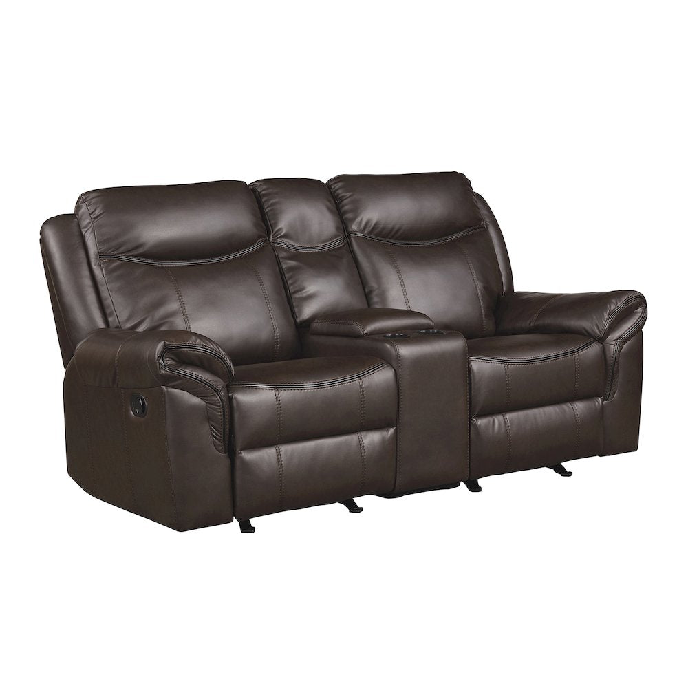 Faux Leather Double Glider Reclining Love Seat With Center Console In Dark Brown