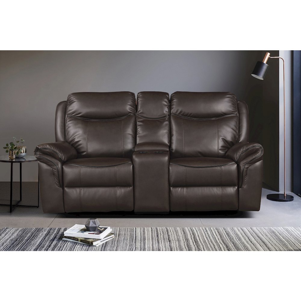 Faux Leather Double Glider Reclining Love Seat With Center Console In Dark Brown