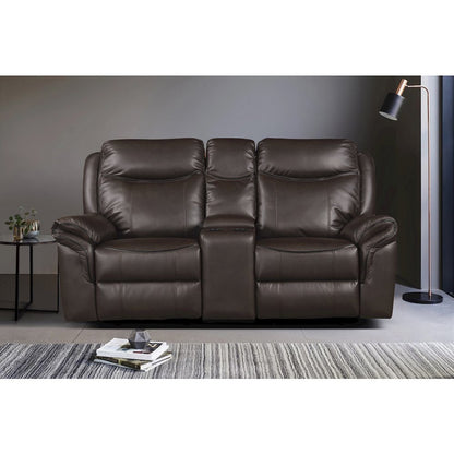 Faux Leather Double Glider Reclining Love Seat With Center Console In Dark Brown