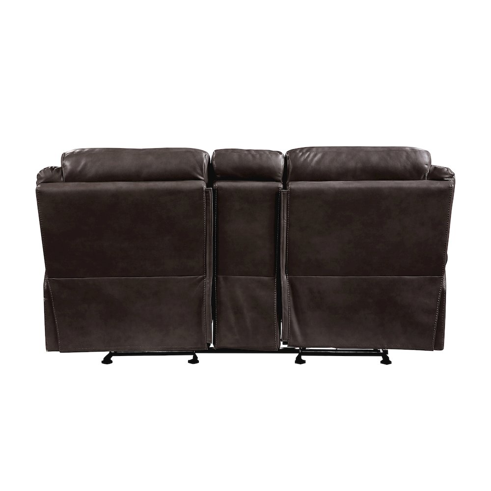 Faux Leather Double Glider Reclining Love Seat With Center Console In Dark Brown