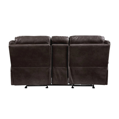 Faux Leather Double Glider Reclining Love Seat With Center Console In Dark Brown