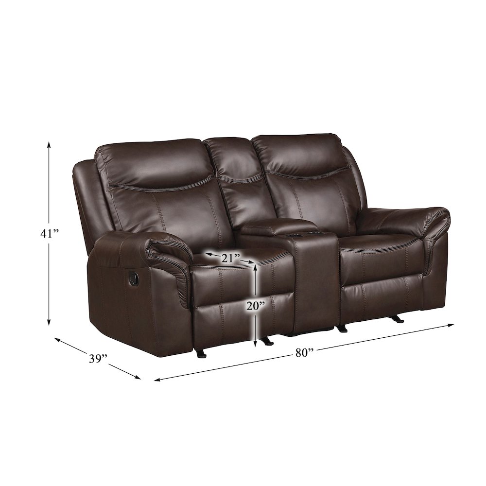 Faux Leather Double Glider Reclining Love Seat With Center Console In Dark Brown