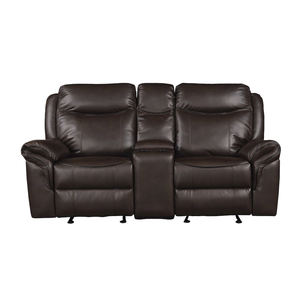 Faux Leather Double Glider Reclining Love Seat With Center Console In Dark Brown