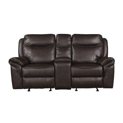 Faux Leather Double Glider Reclining Love Seat With Center Console In Dark Brown