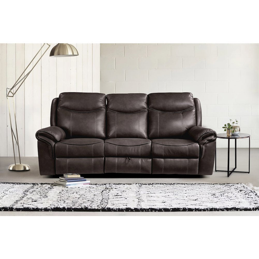 Aram Faux Leather Double Reclining Sofa In Dark Brown