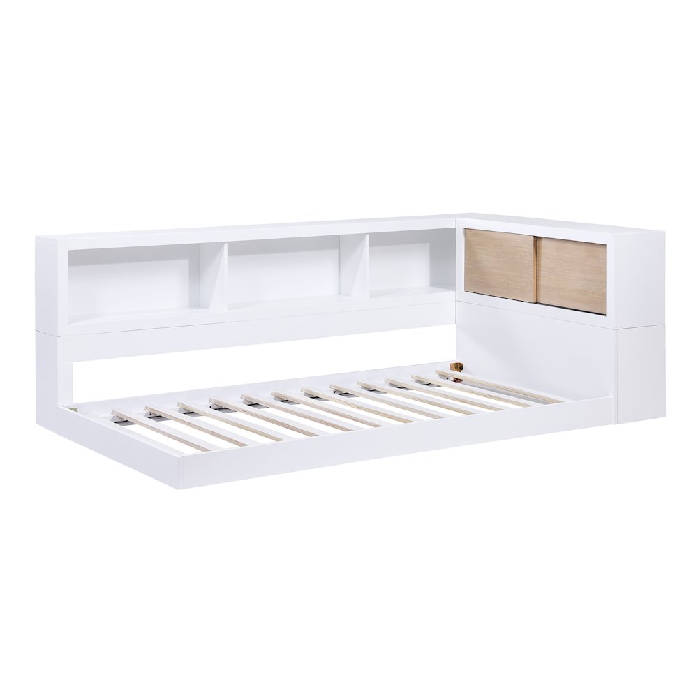 Asker A. Hardwood Twin Bookcase Corner Bed in 2-Tone (White and Natural)
