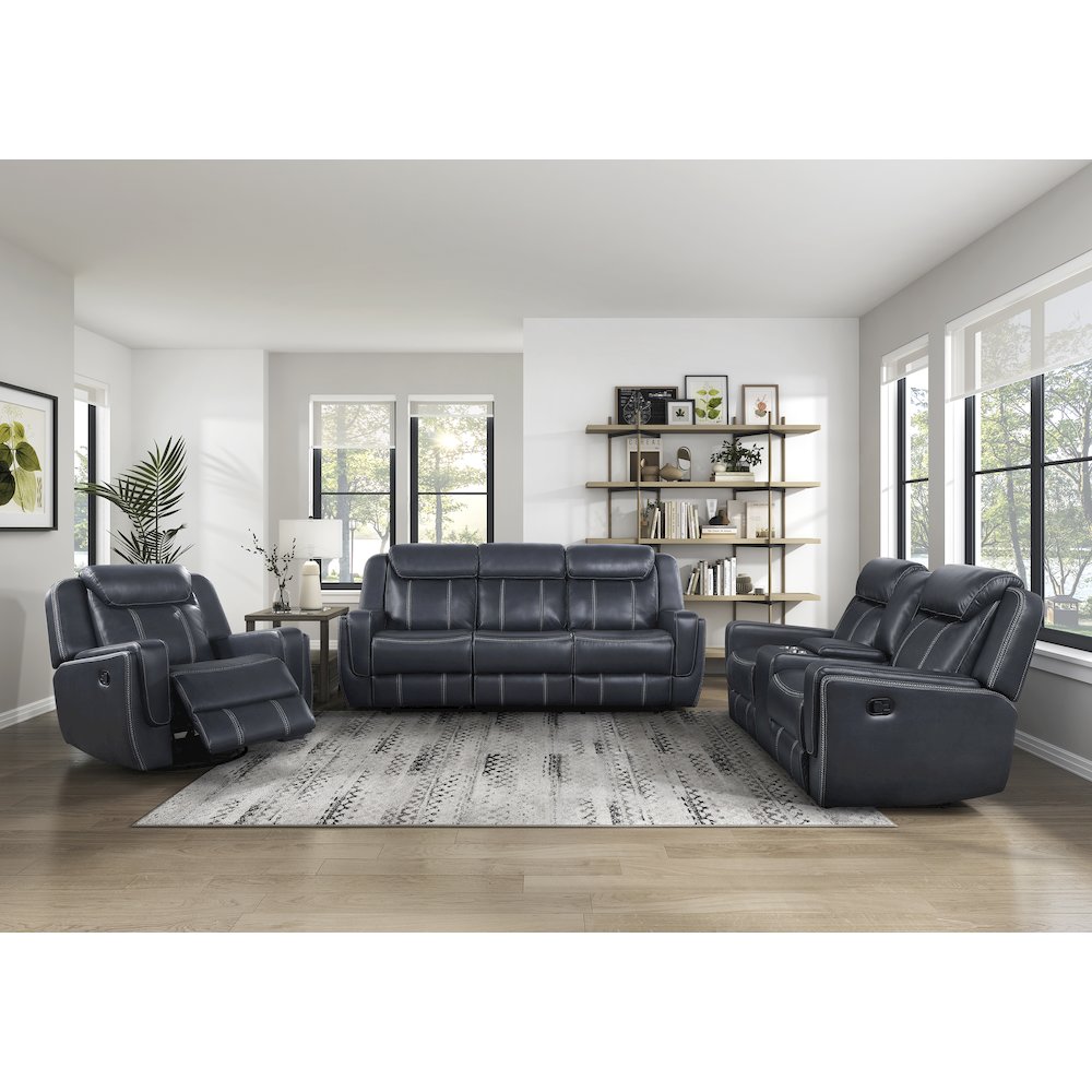 Littleton Faux Leather Double Reclining Sofa In Blue