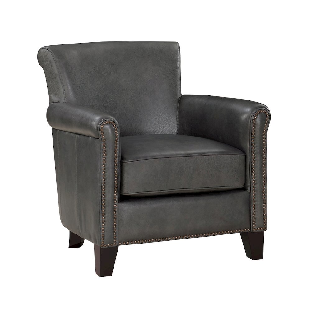 Elegant Gray Leather Accent Chair with Arm Rest and Nailheads Trim