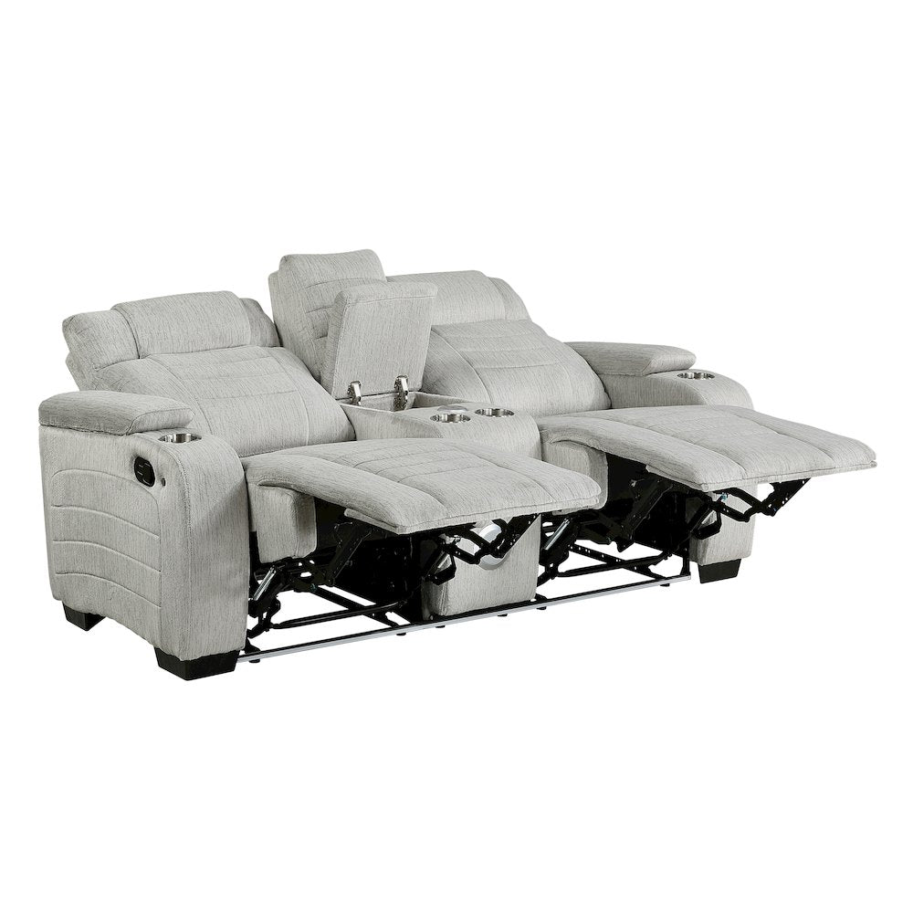 Ronan Microfiber Dbl Reclining Love Seat with Storage Arms in Light Gray
