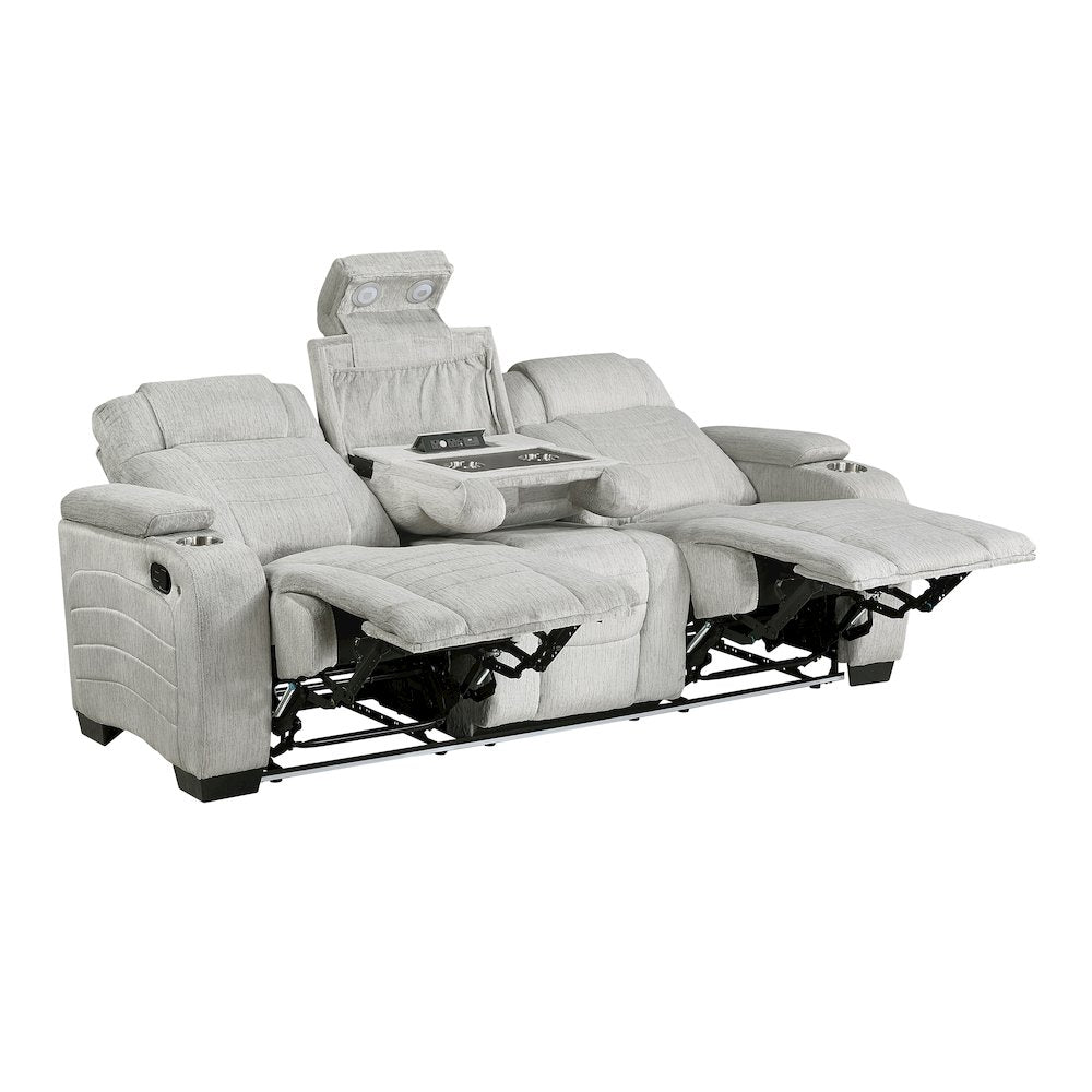 Ronan Microfiber Double Reclining Sofa with Storage Arms in Light Gray
