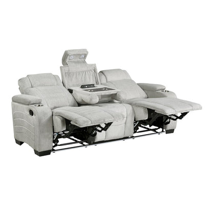 Ronan Microfiber Double Reclining Sofa with Storage Arms in Light Gray