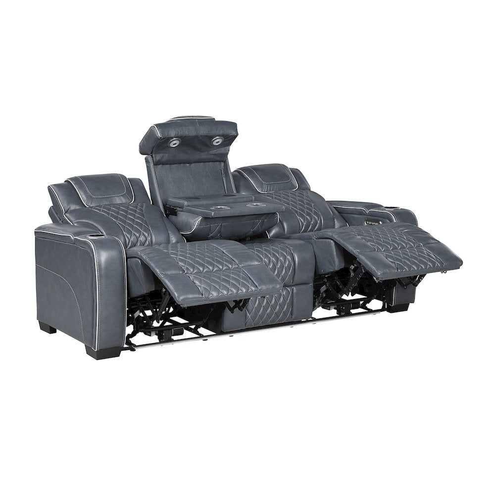 Apex Leather Power Double Reclining Sofa with Power Headrests in Blue