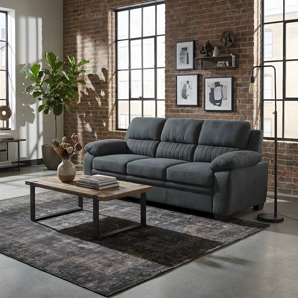 Holleman Textured Fabric Sofa with Track Arms and Tight Back, Dark Gray