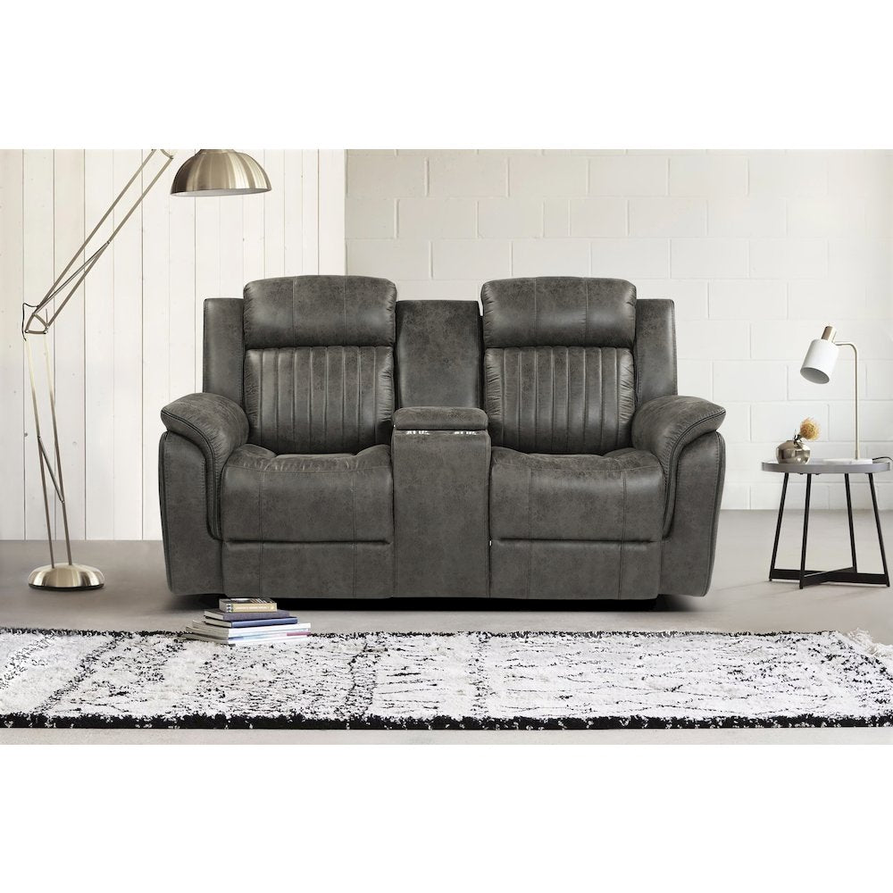 Centeroak Microfiber Double Reclining Loveseat In Brownish Gray