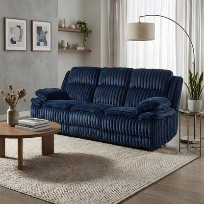 Corduroy-Upholstered Double Reclining Sofa and Loveseat Recliner Couch, Blue