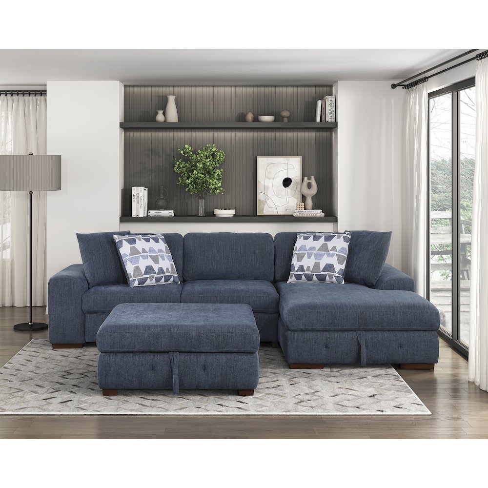 Lexicon Raife Chenille 3-Piece Sectional with Right Chaise and Ottoman in Blue