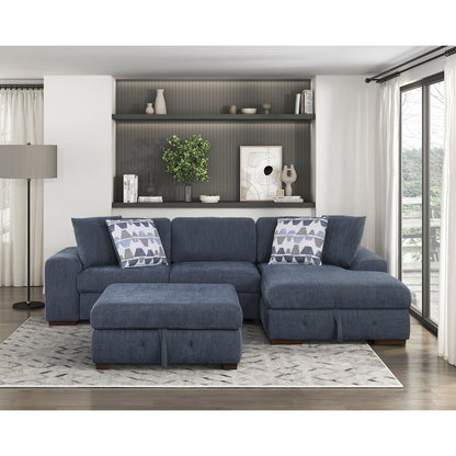 Lexicon Raife Chenille 3-Piece Sectional with Right Chaise and Ottoman in Blue