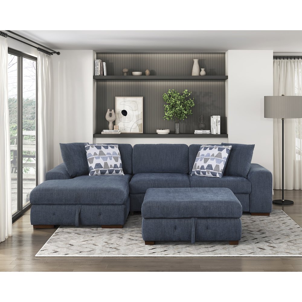 Lexicon Raife Chenille 3-Piece Sectional with Left Chaise and Ottoman in Blue