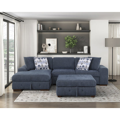 Lexicon Raife Chenille 3-Piece Sectional with Left Chaise and Ottoman in Blue