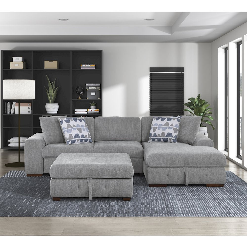Lexicon Raife Chenille 3-Piece Sectional with Right Chaise and Ottoman in Gray