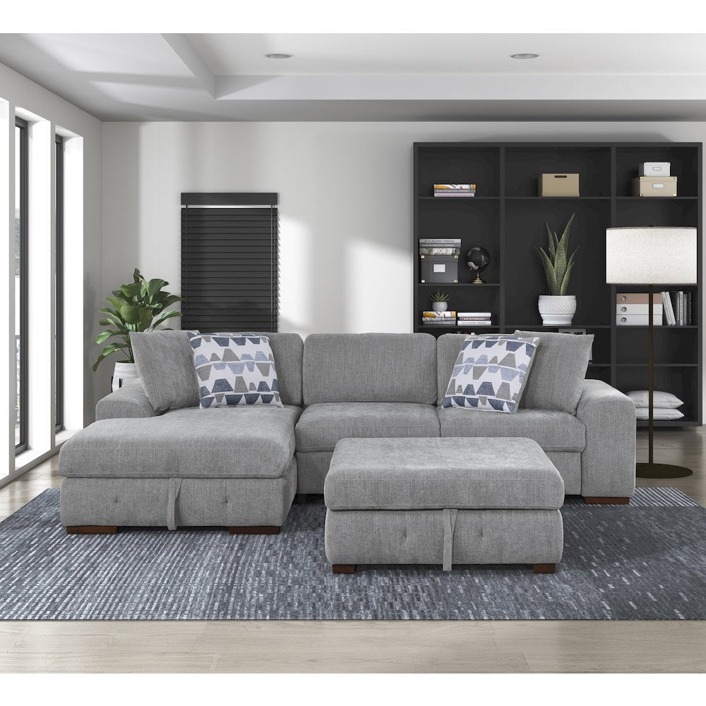 Lexicon Raife Chenille 3-Piece Sectional with Left Chaise and Ottoman in Gray