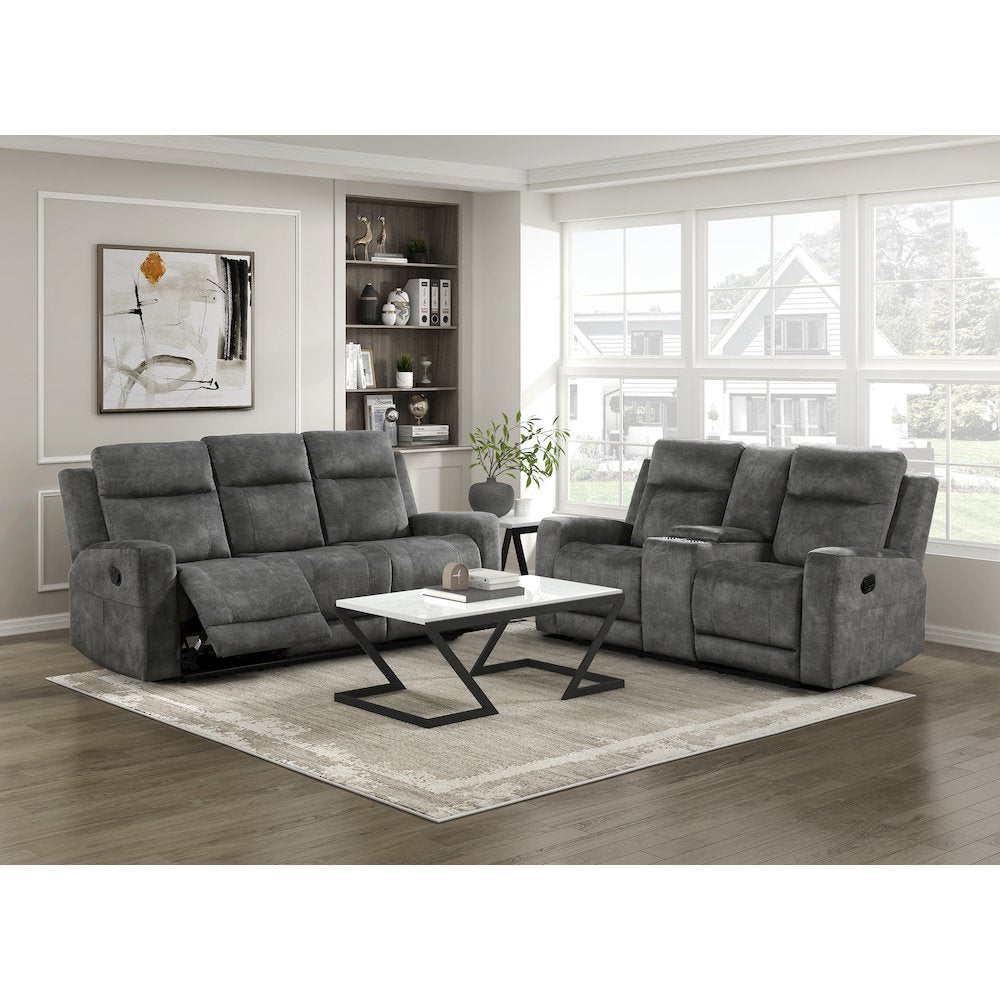 Yates Microfiber Double Reclining Love Seat With Center Console In Dark Gray