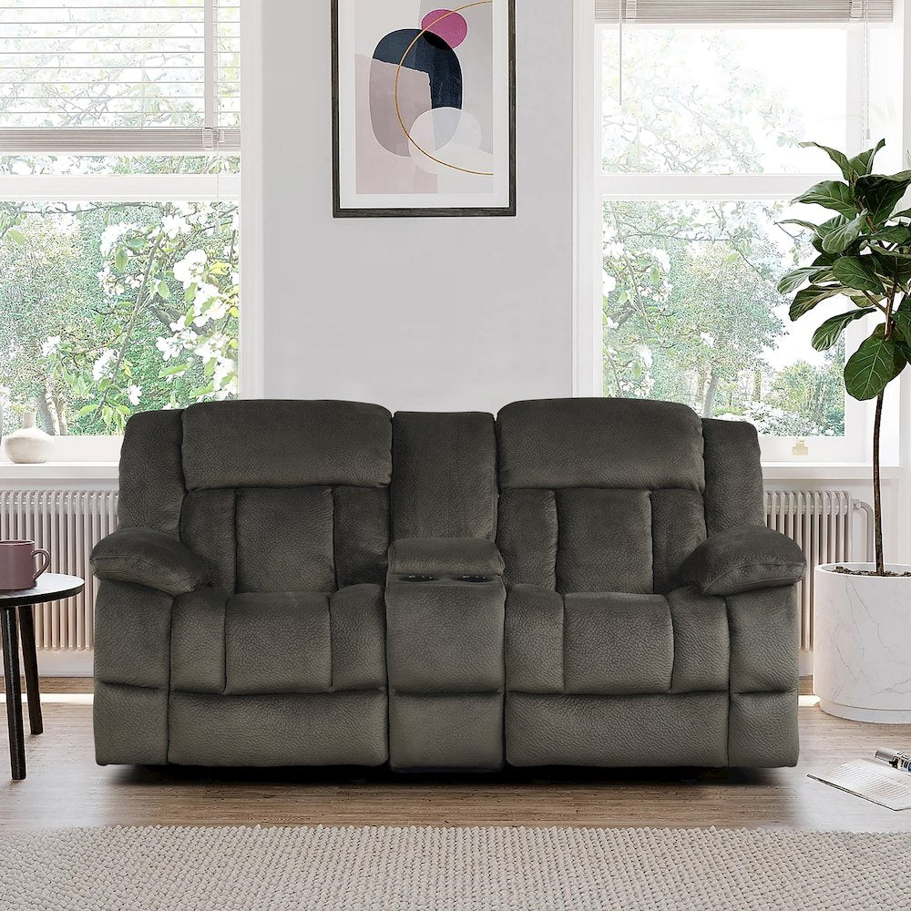 Microfiber Double Glider Reclining Love Seat With Center Console In Chocolate