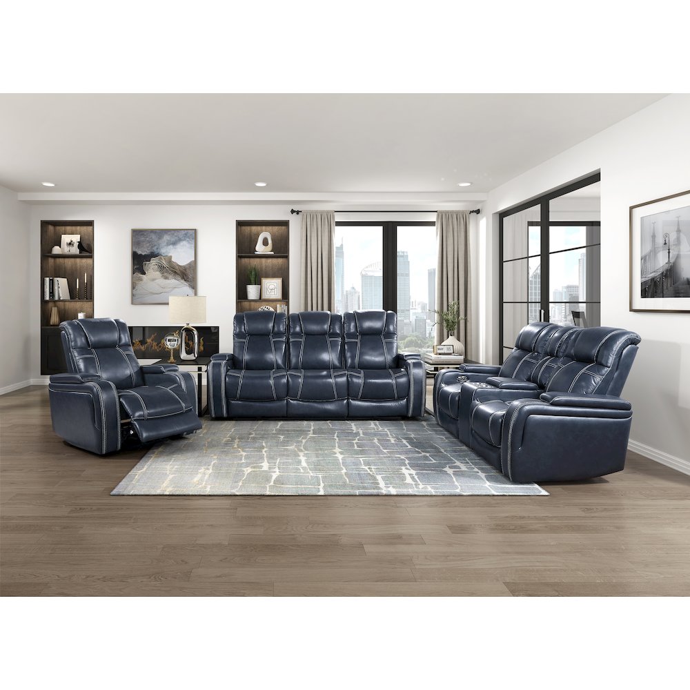 Lexicon Keziah Leather Power Double Reclining Sofa with  Power Headrests in Blue