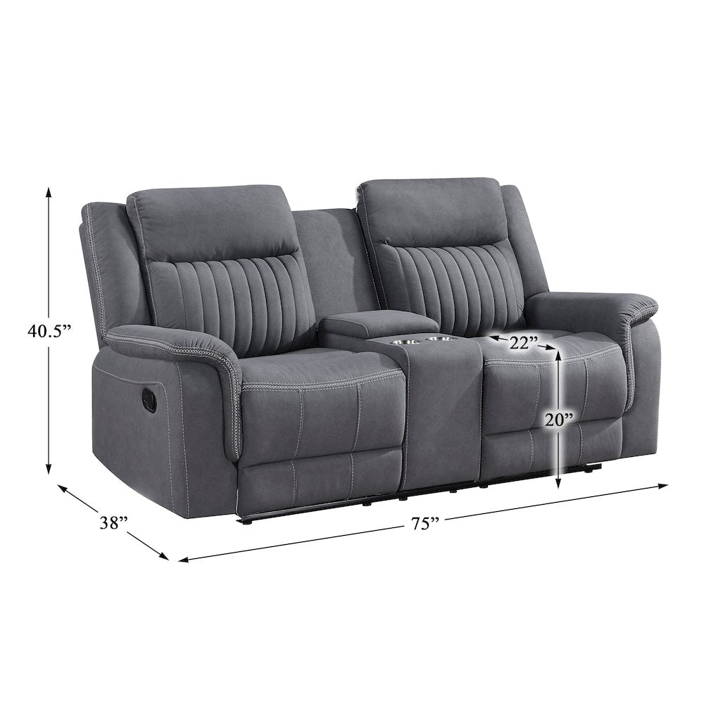 Dean Microfiber Double Reclining Love Seat With Center Console In Gray