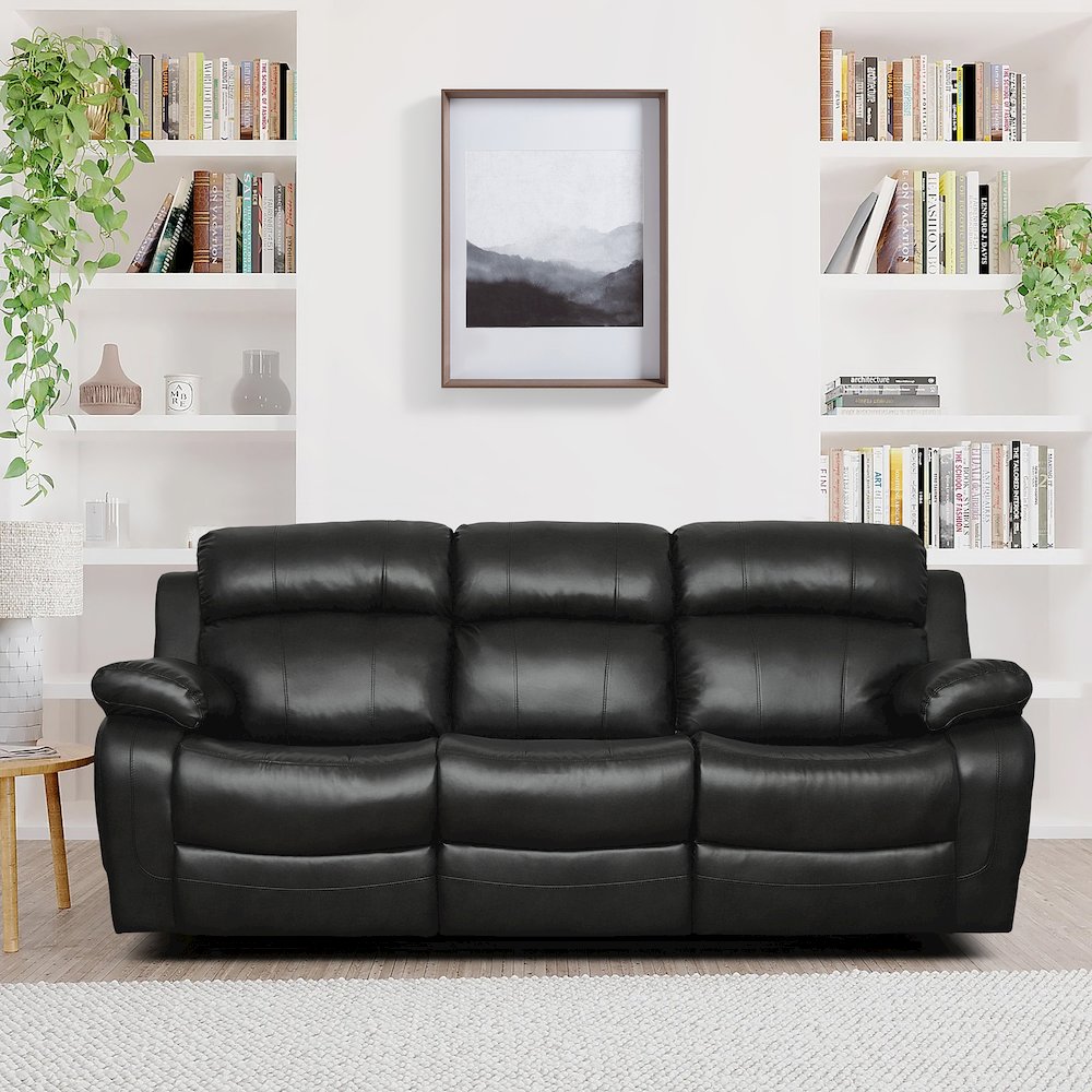 Faux Leather Double Reclining Sofa With Center Drop-Down Cup Holders In Black