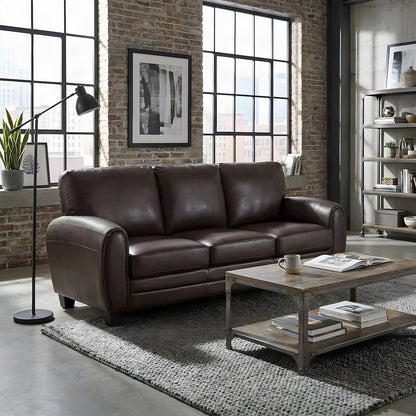 Rubin Faux Leather Sofa Couch with Track Arms, Firm-Cushioned Seat, Dark Brown