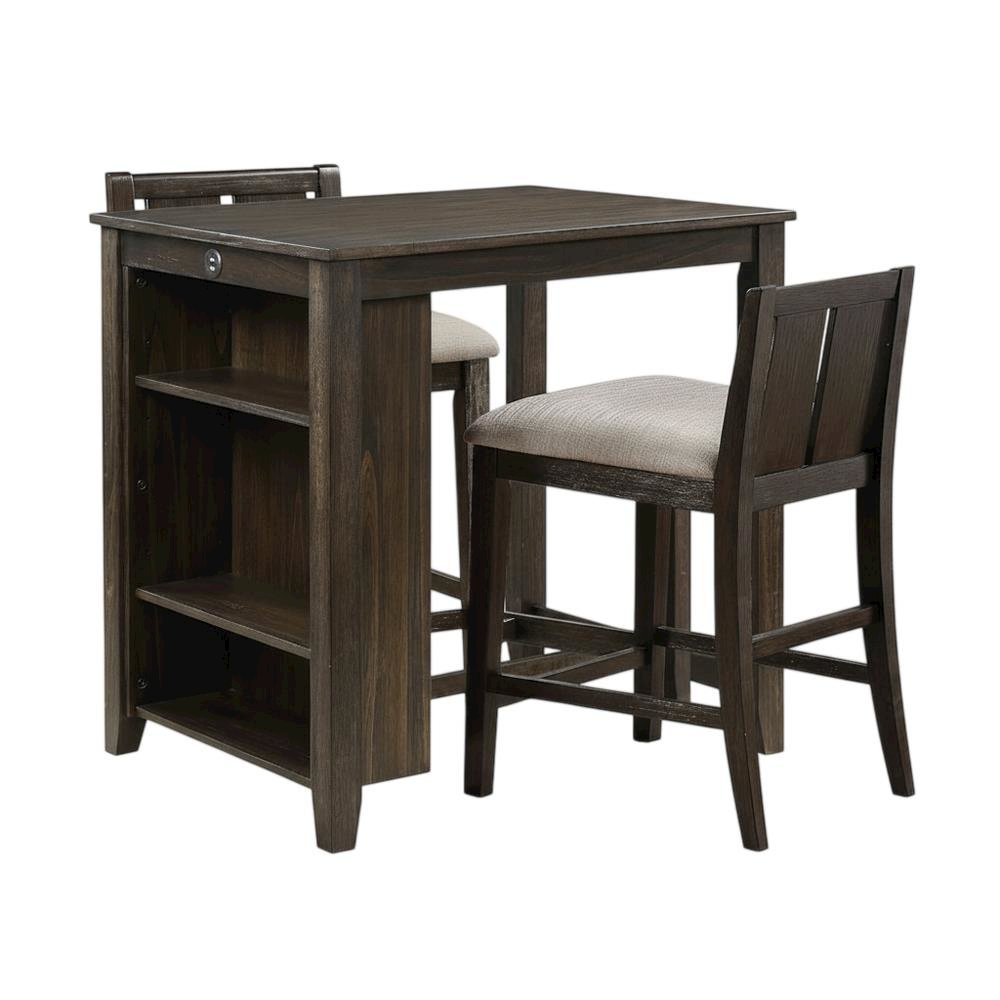 Wood Veneer Counter Height Dining Table Set with Bar Stools, Brown, Set of 3