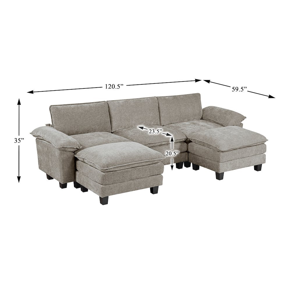 Dublin Chenille 5-Piece Modular Sectional with Ottoman in Dark Pewter
