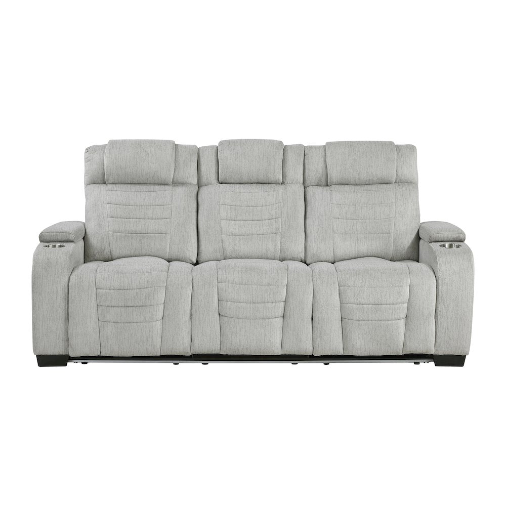 Ronan Microfiber Double Reclining Sofa with Storage Arms in Light Gray