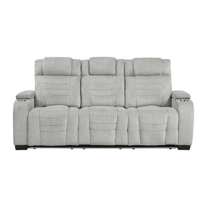 Ronan Microfiber Double Reclining Sofa with Storage Arms in Light Gray