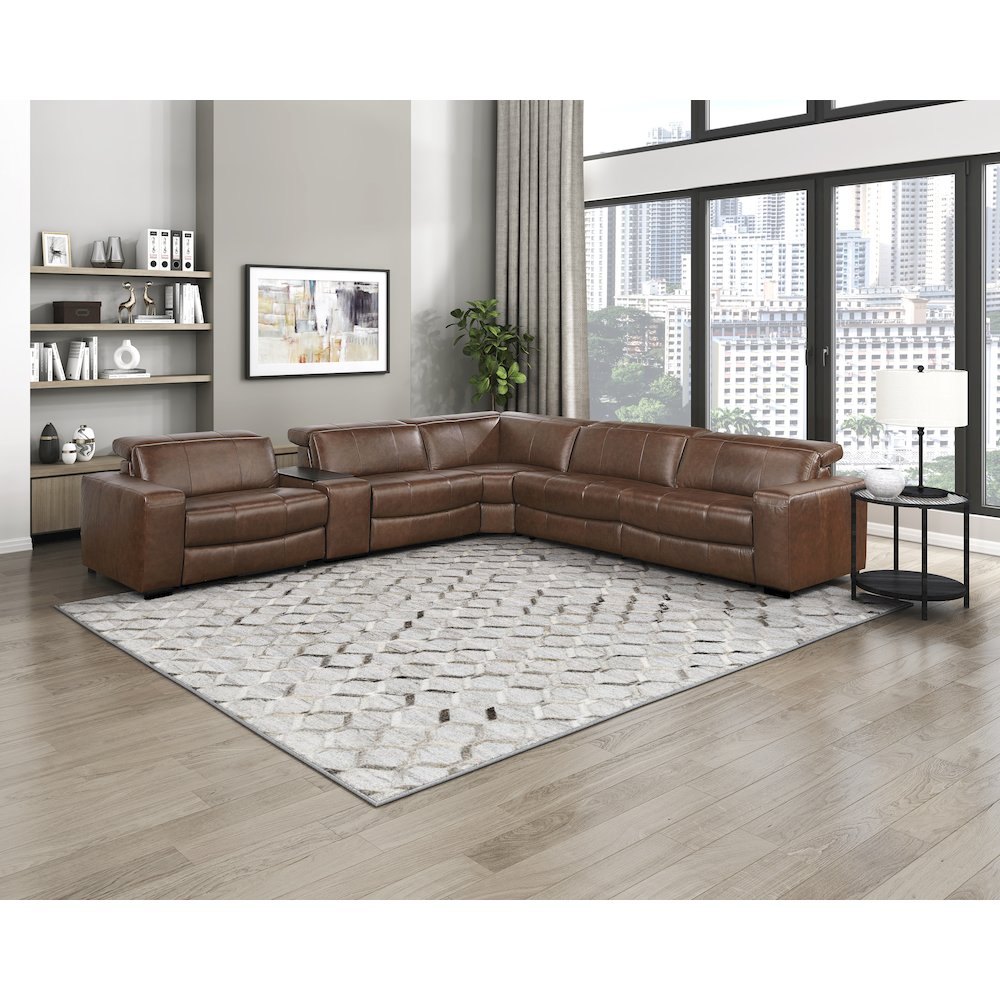 Sutton Leather 6-Piece Modular Power Reclining Sectional in Brown