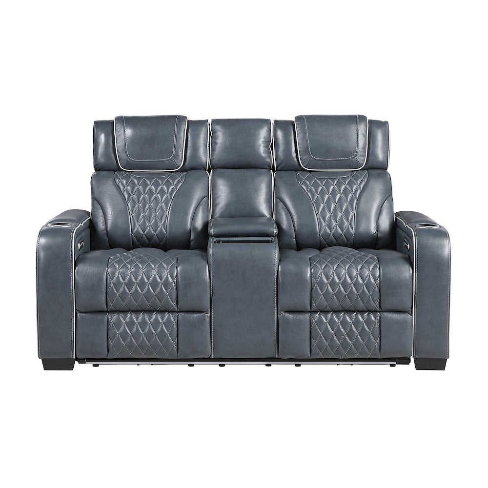 Apex Leather Pwr Double Reclining Love Seat with Center Console in Blue
