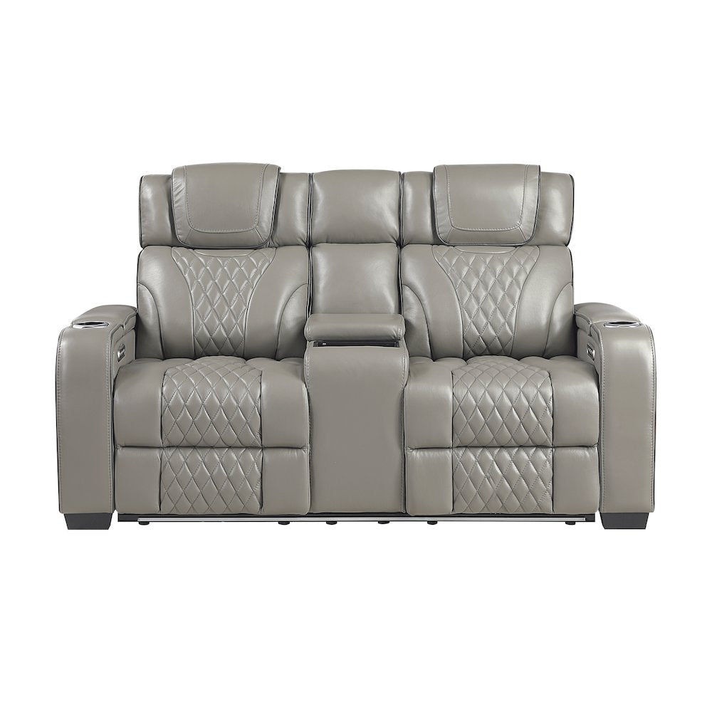 Apex Leather Pwr Double Reclining Love Seat with Center Console in Gray