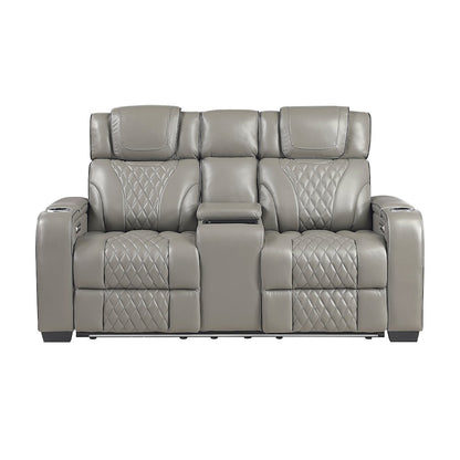 Apex Leather Pwr Double Reclining Love Seat with Center Console in Gray