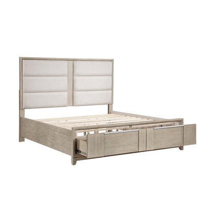 Mckewen Asian Hardwood QN Platform Bed w Footboard Storage in Light Gray