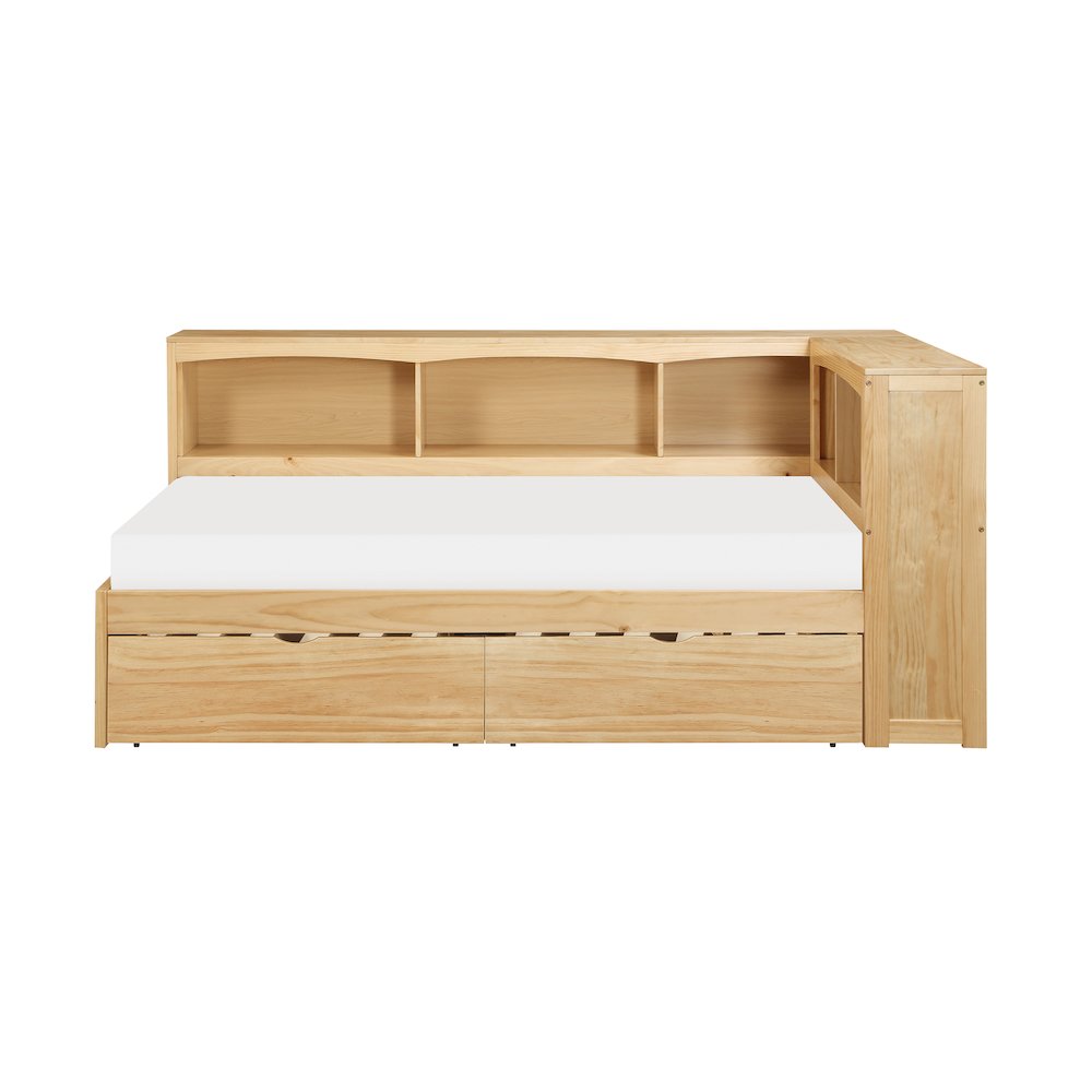 Bartly Pine Twin Bookcase Corner Bed with Storage Boxes in Natural Pine