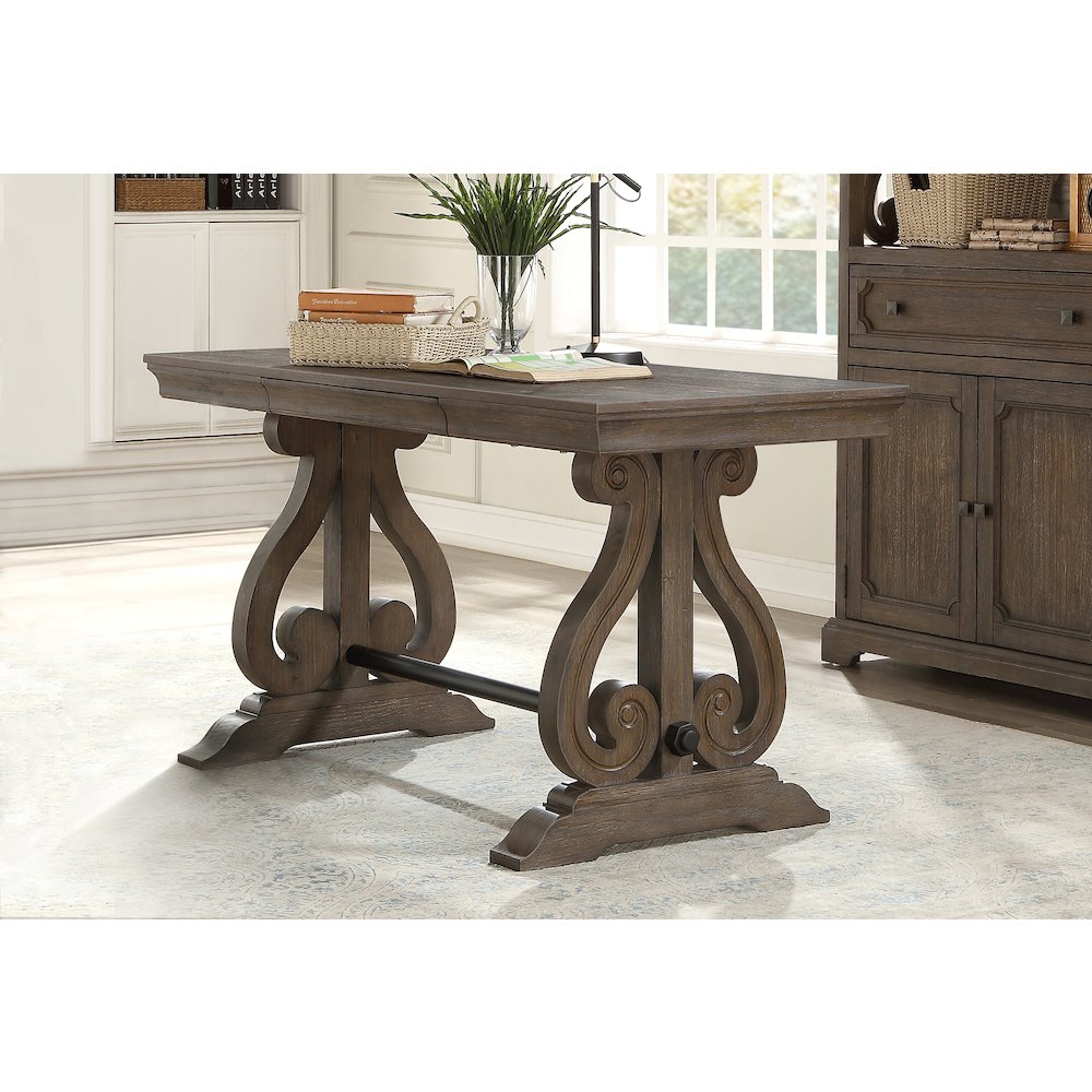Toulon Pine Writing Desk with One Drawer in Wire-Brushed Power Glaze Oak
