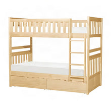 Pine Twin over Twin Kids Bunk Bed with Storage Boxes, Natural Pine