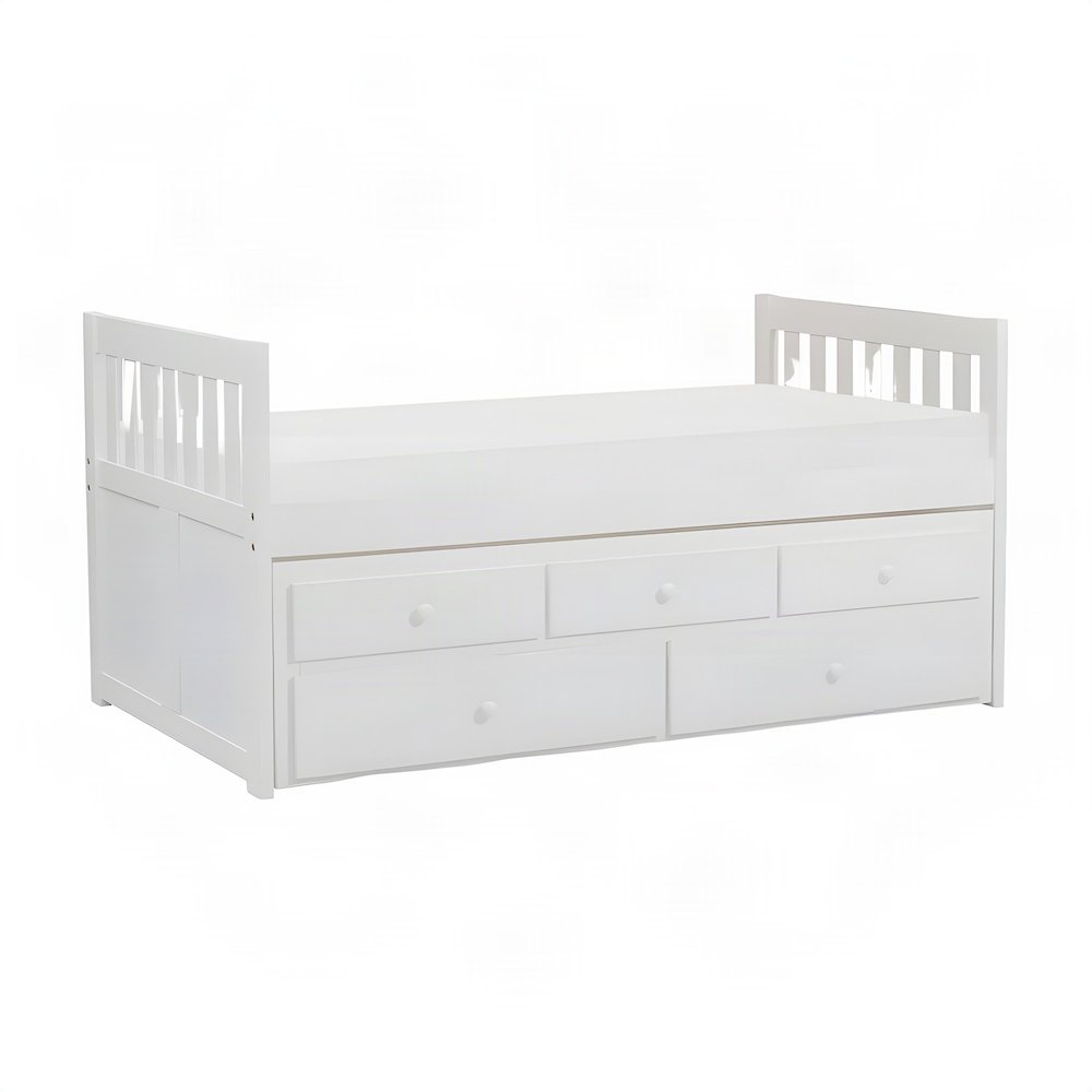 Pine Twin Over Twin Trundle Bed Frame with Two Storage Drawers, White
