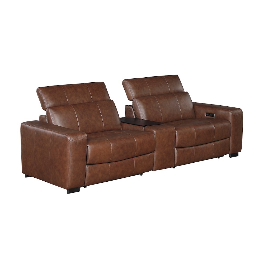 Sutton Leather Pwr Dbl Reclining Love Seat with Center Console in Brown