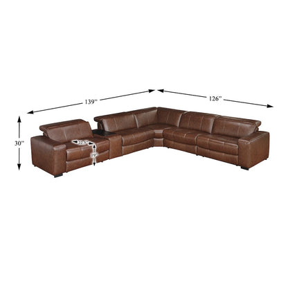 Sutton Leather 6-Piece Modular Power Reclining Sectional in Brown