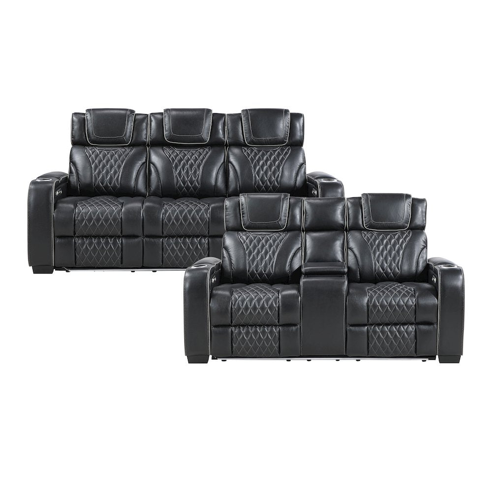 Apex Leather 2pc Set: Sofa, Love in Black