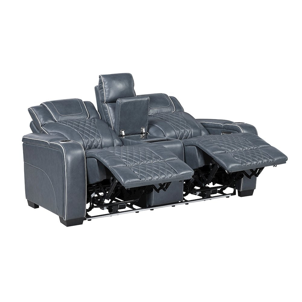 Apex Leather Pwr Double Reclining Love Seat with Center Console in Blue